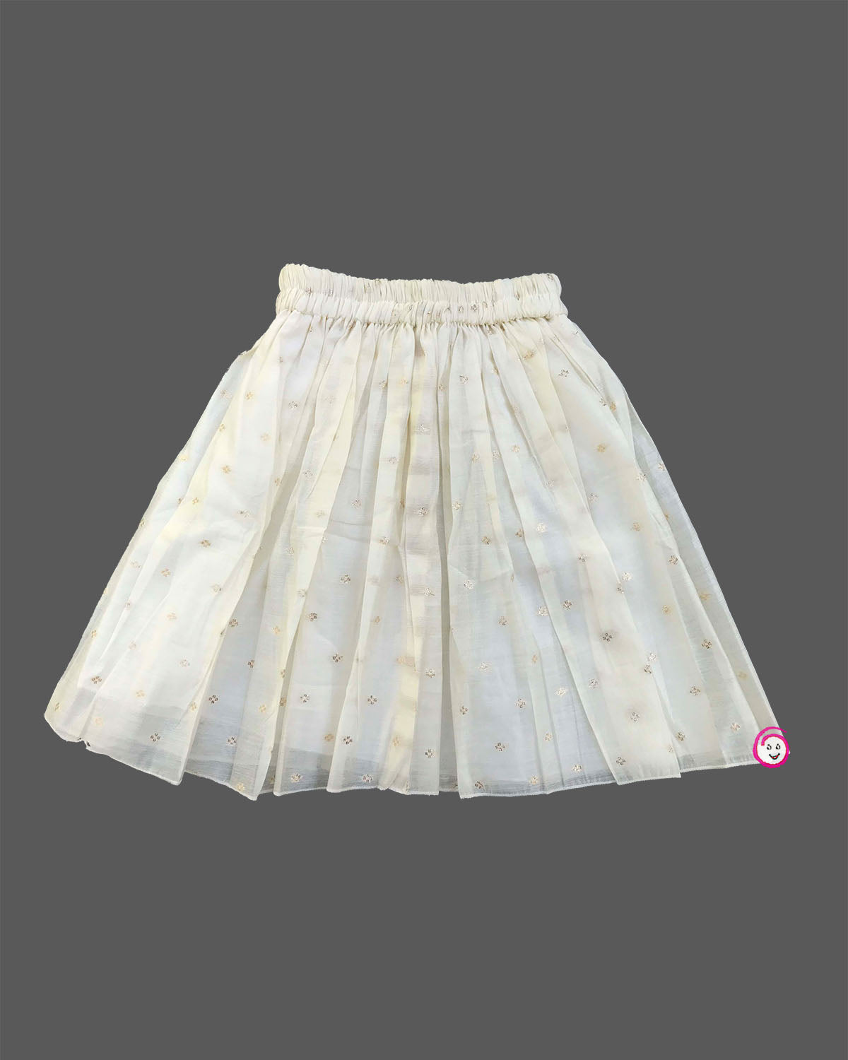 Junior statement piece wearing woven pattern choli blouse and flared tissue skirt set for Onam