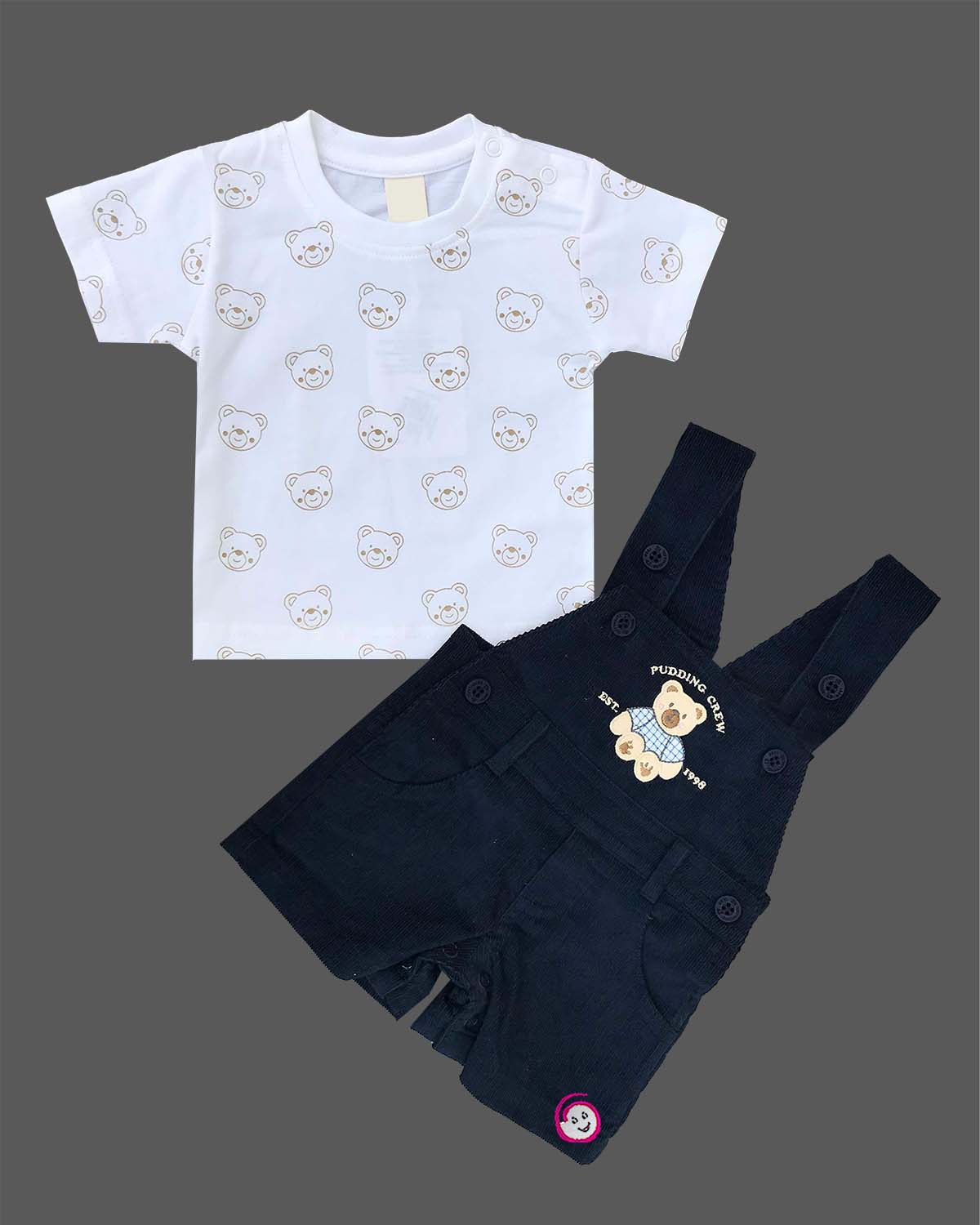 Stylish junior statement piece bear printed short sleeve shirt paired with corduroy overalls