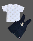 Stylish junior statement piece bear printed short sleeve shirt paired with corduroy overalls
