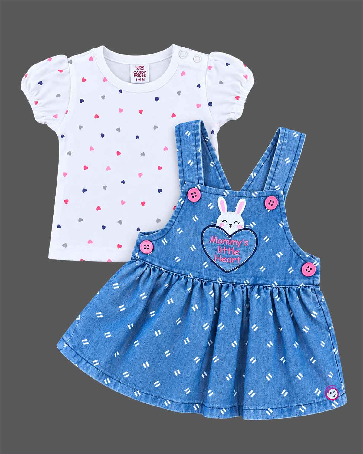Baby girl clothes printed pinafore dress with heart top set and bunny motif