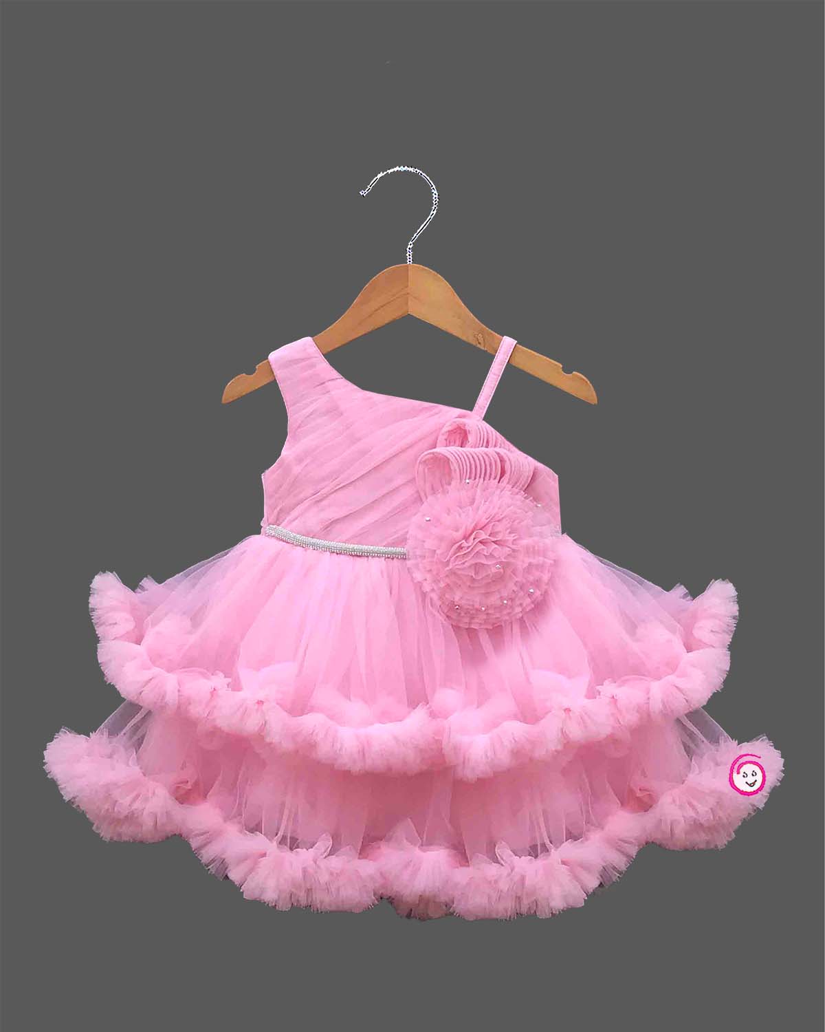 Toddler net ruffle party frock with high low ruffled skirt and Asymmetric floral bodice