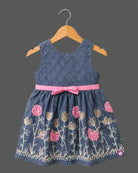 Toddler embroidered denim frock with bow accent and floral embroidery for girls