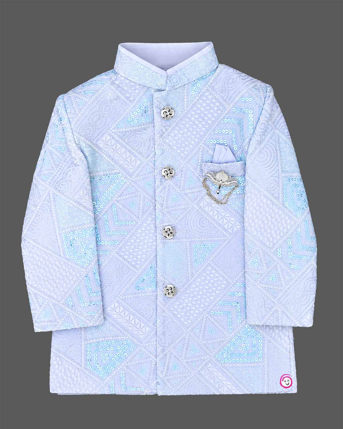 Sky blue embroidered sherwani set with white pyjama for boys by OPUS RKID