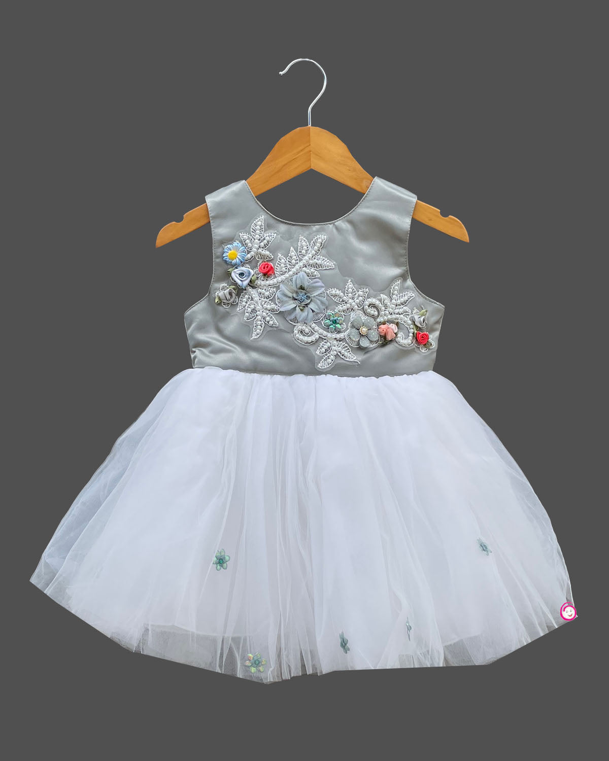 Girls ruffled with party wear frock - Pastel Grey