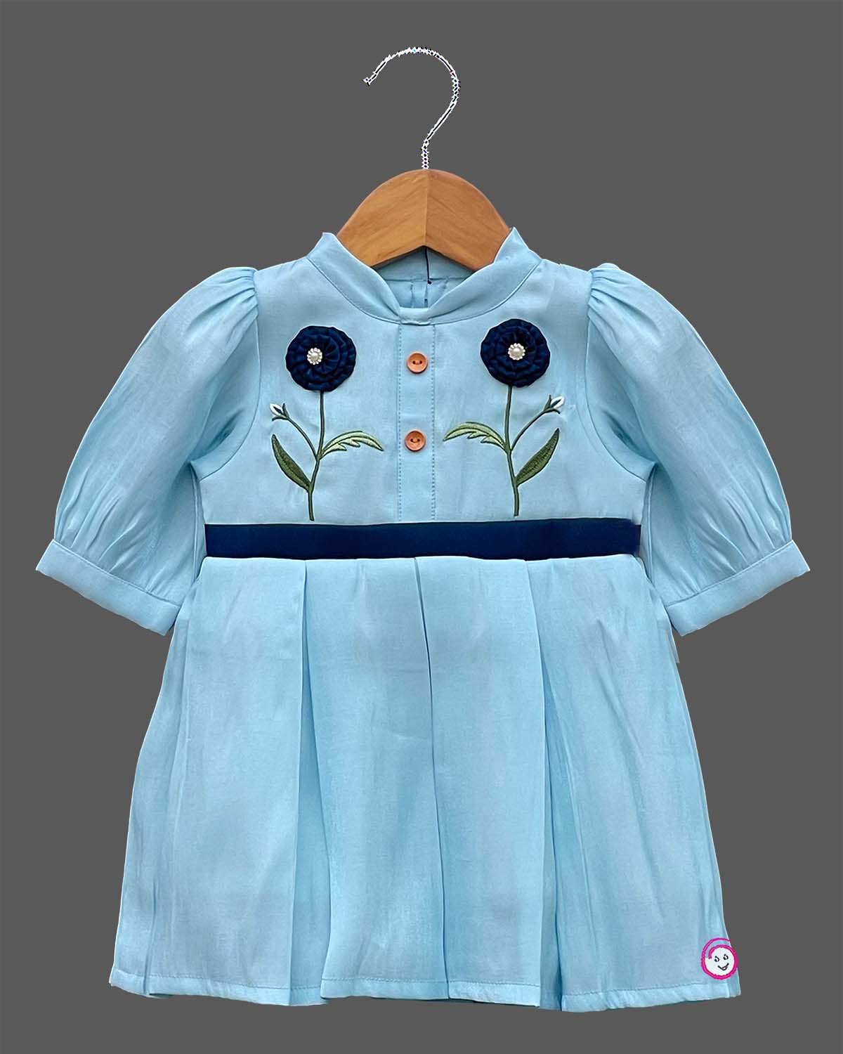 Sky blue embroidered floral cotton casual frock with navy blue flower accents for girls