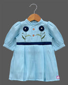 Sky blue embroidered floral cotton casual frock with navy blue flower accents for girls