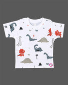 Trendy little gentleman dinosaur printed tee with embroidered denim bib shorts set for kids