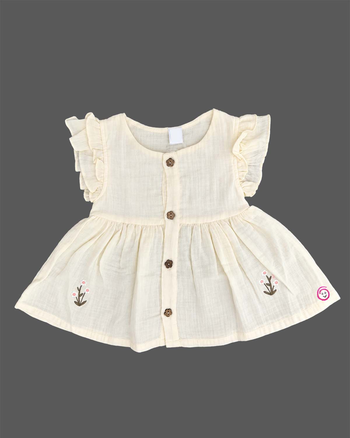 Off white infants frock with frill sleeve, front buttons, and small floral embroidery