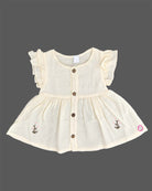 Off white infants frock with frill sleeve, front buttons, and small floral embroidery