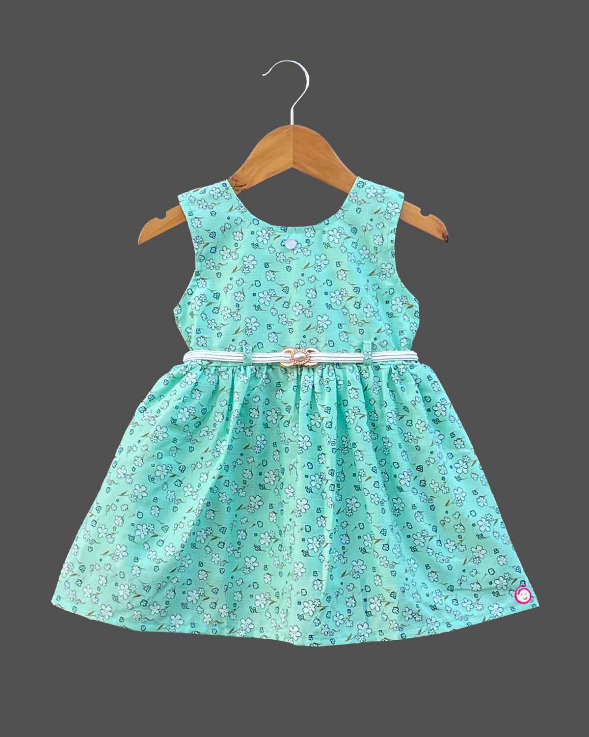 Girls round neck with full printed designs frock - Sea Green 