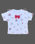Red baby girl cotton knit suspender shorts with teddy bear stroller badges and white t-shirt with red bow and toy print