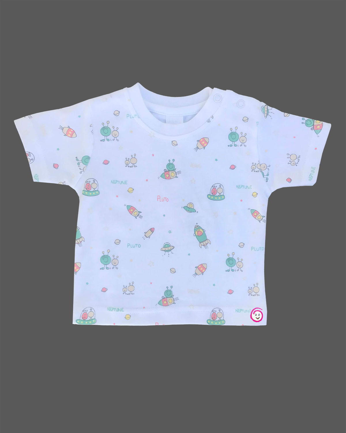 Mint green unisex premium corduroy baby dungaree set with Over The Moon rocket embroidery and white planet print short sleeve t-shirt