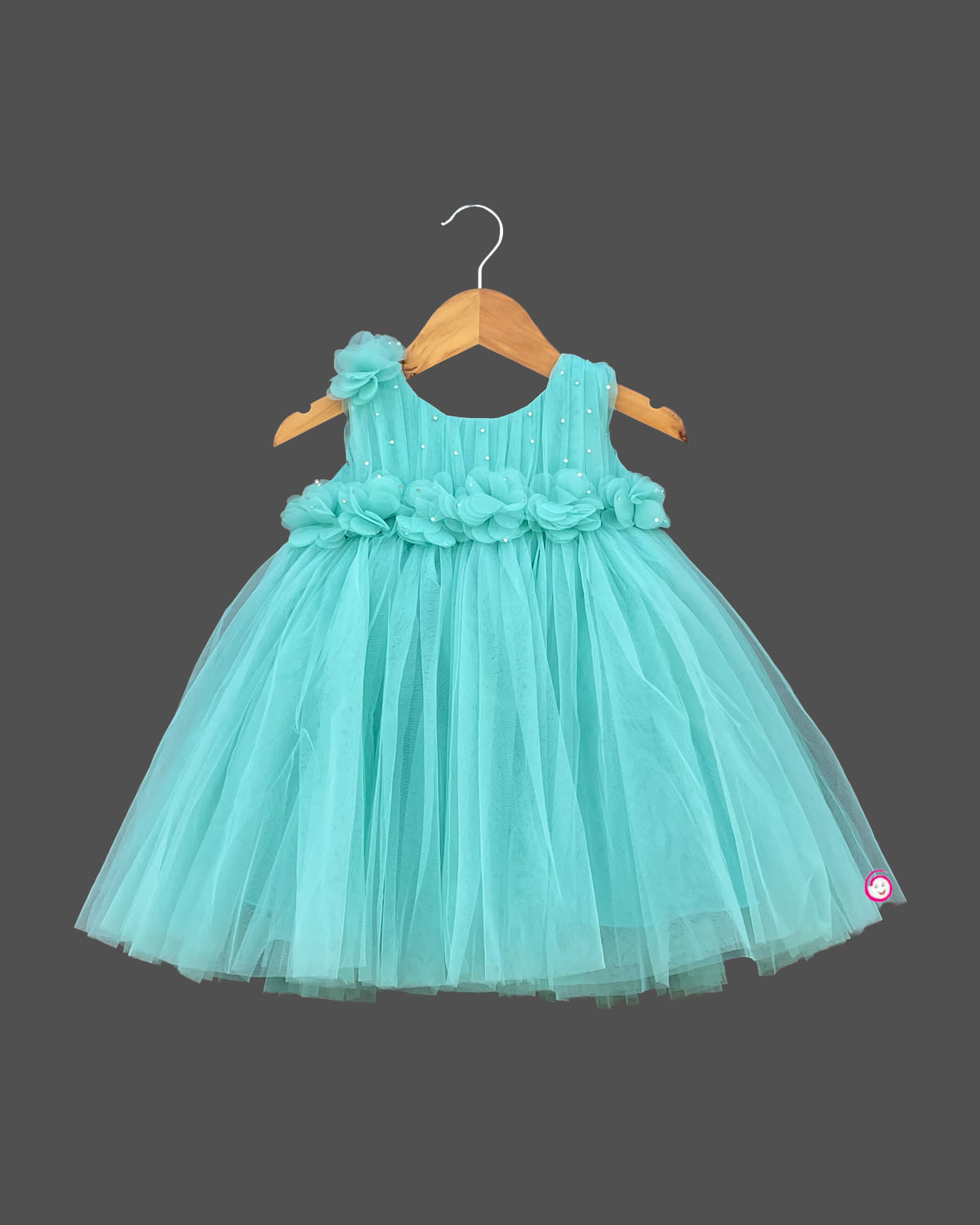 Girls floral applique with partywear frock - Sea Green