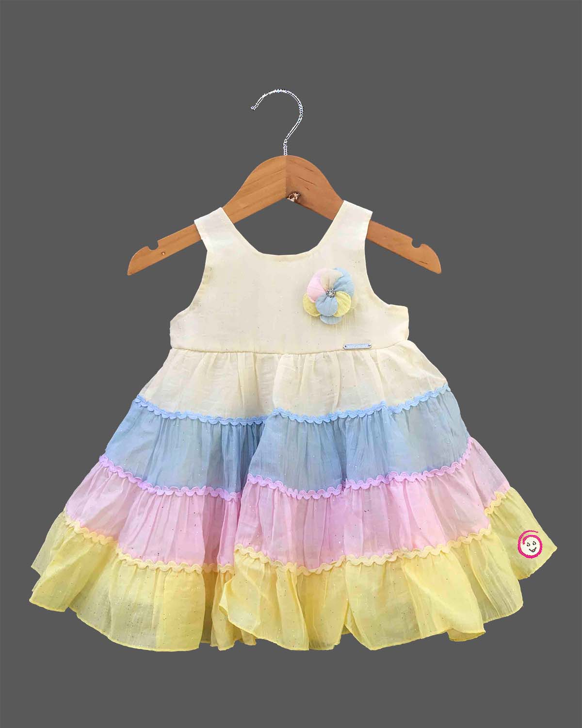 Toddler cream cotton casual dress with pastel multicolor tiered ruffles