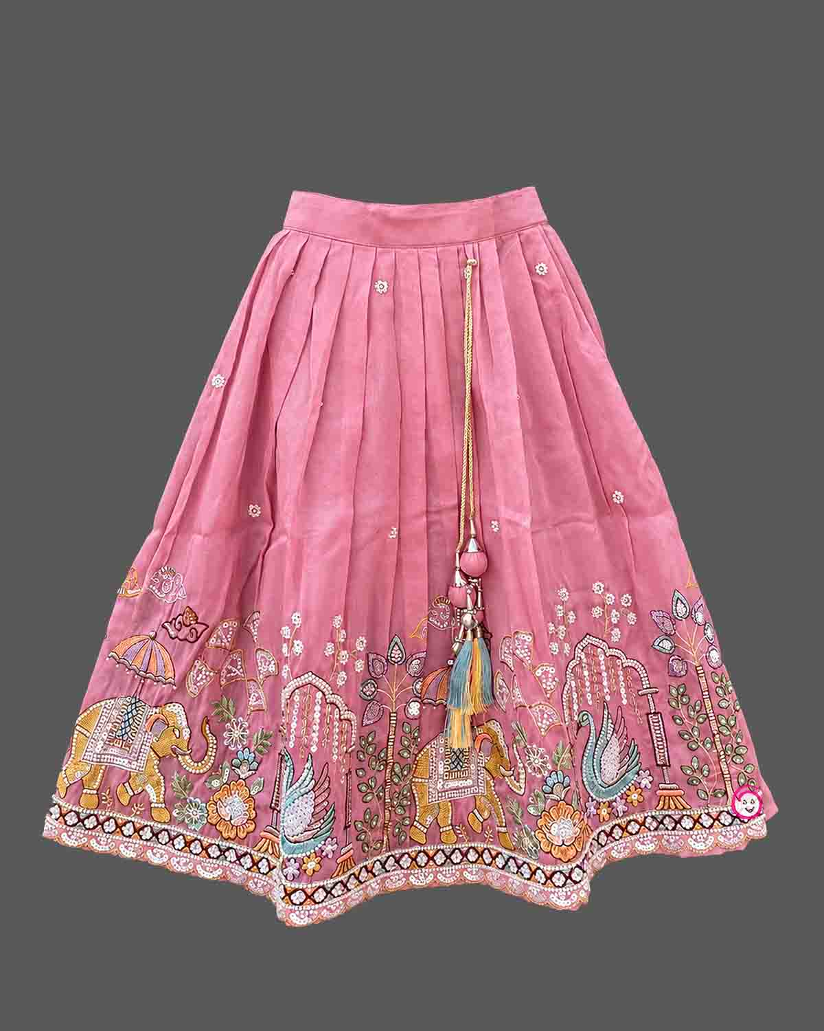 Designer baby girl lehenga set featuring hand-embroidered sequin motifs, sleeveless choli, and pleated flared skirt