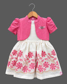 Little girl off-white and pink floral embroidered cotton dress paired with a cropped pink short sleeve jacket