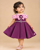 Toddler girl scuba frock featuring pleated flare and pearl details for party wear