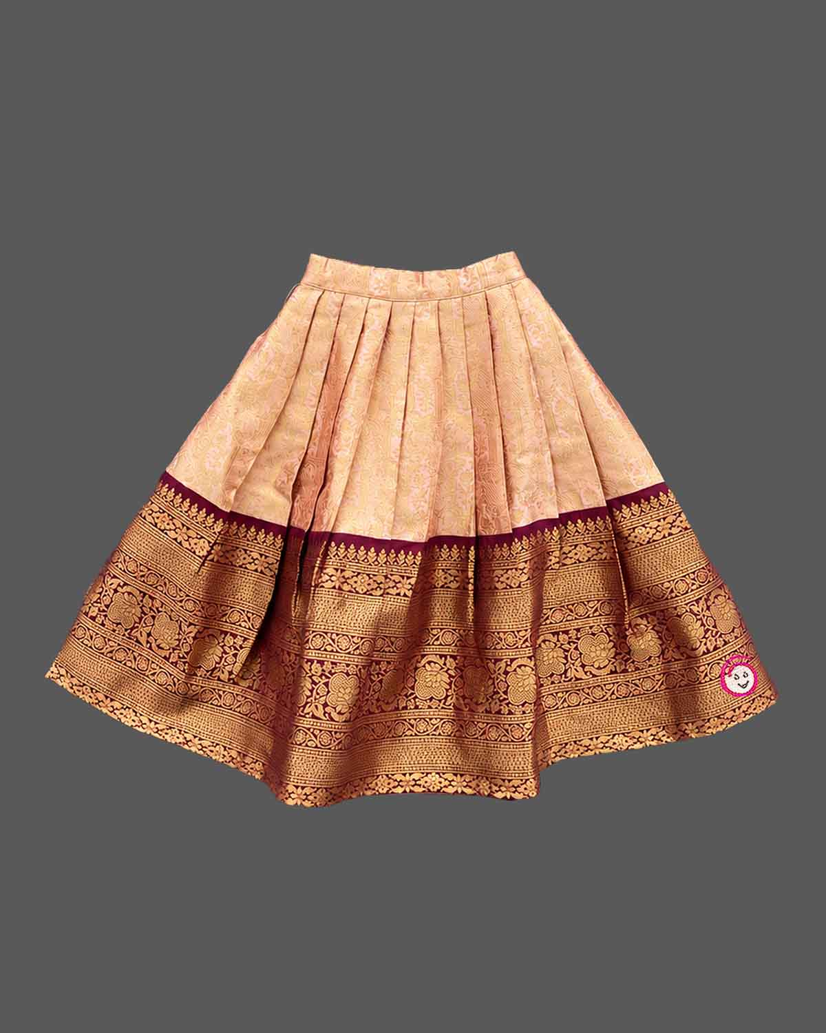 Pattu langa for kids with puff sleeve kundan neck choli, pleated zari border skirt and organza dupatta