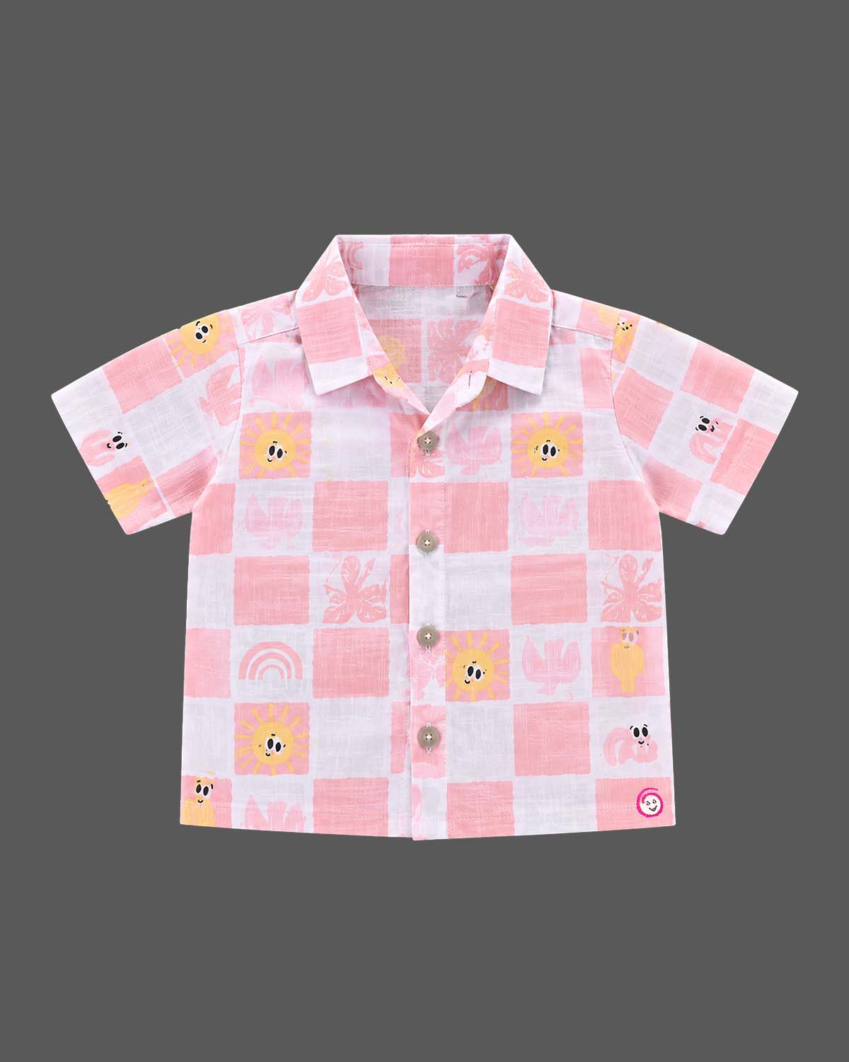 Co-ord set for baby boy featuring a button-down checkered shirt and matching shorts with sun graphics