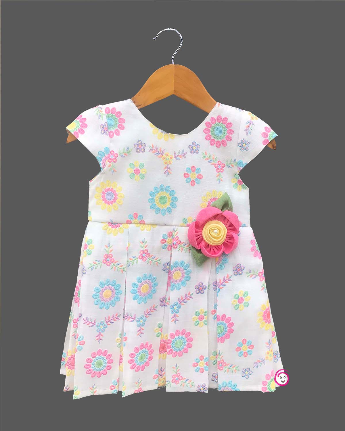 Little princess floral printed casual frock with pleated skirt and decorative waist flower for comfortable everyday kids fashion