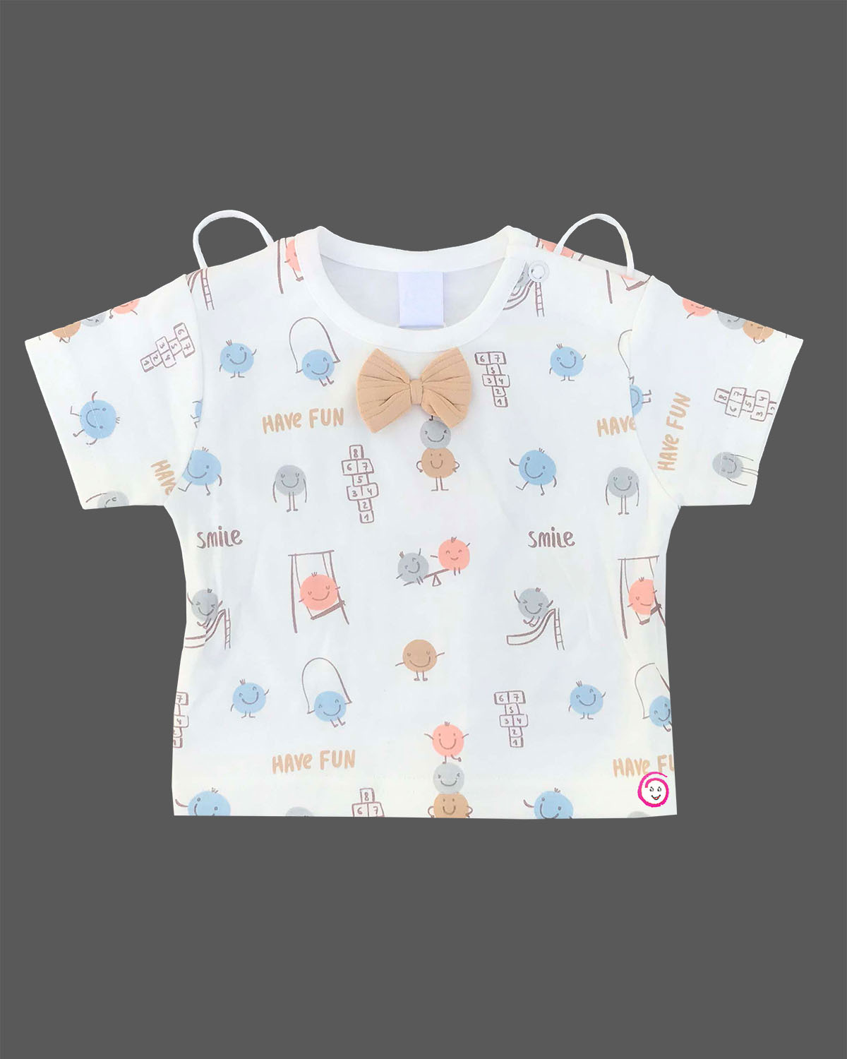 White doodle print t-shirt and beige Candy House boys suspender shorts set for birthday parties, casual outings, and summer playdates
