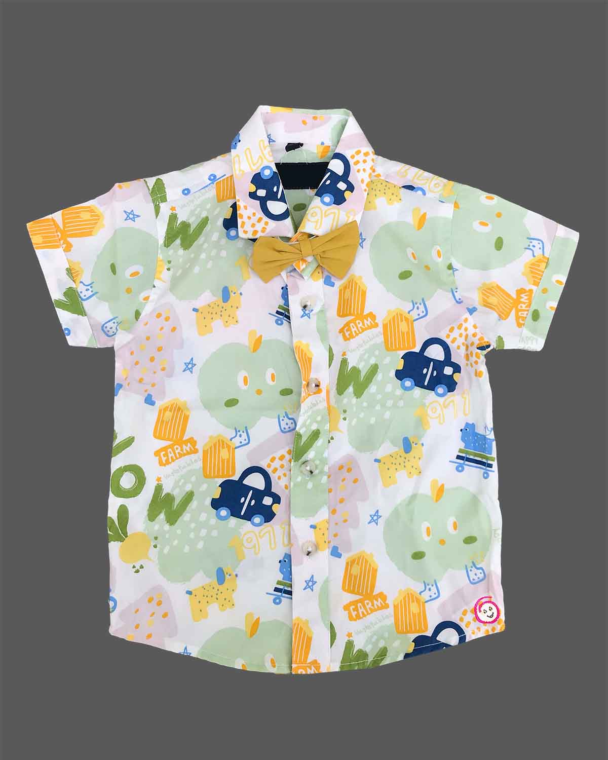 Playful toddler boys dapper outfit featuring a printed button-down shirt, cute bow tie, and matching suspender shorts.