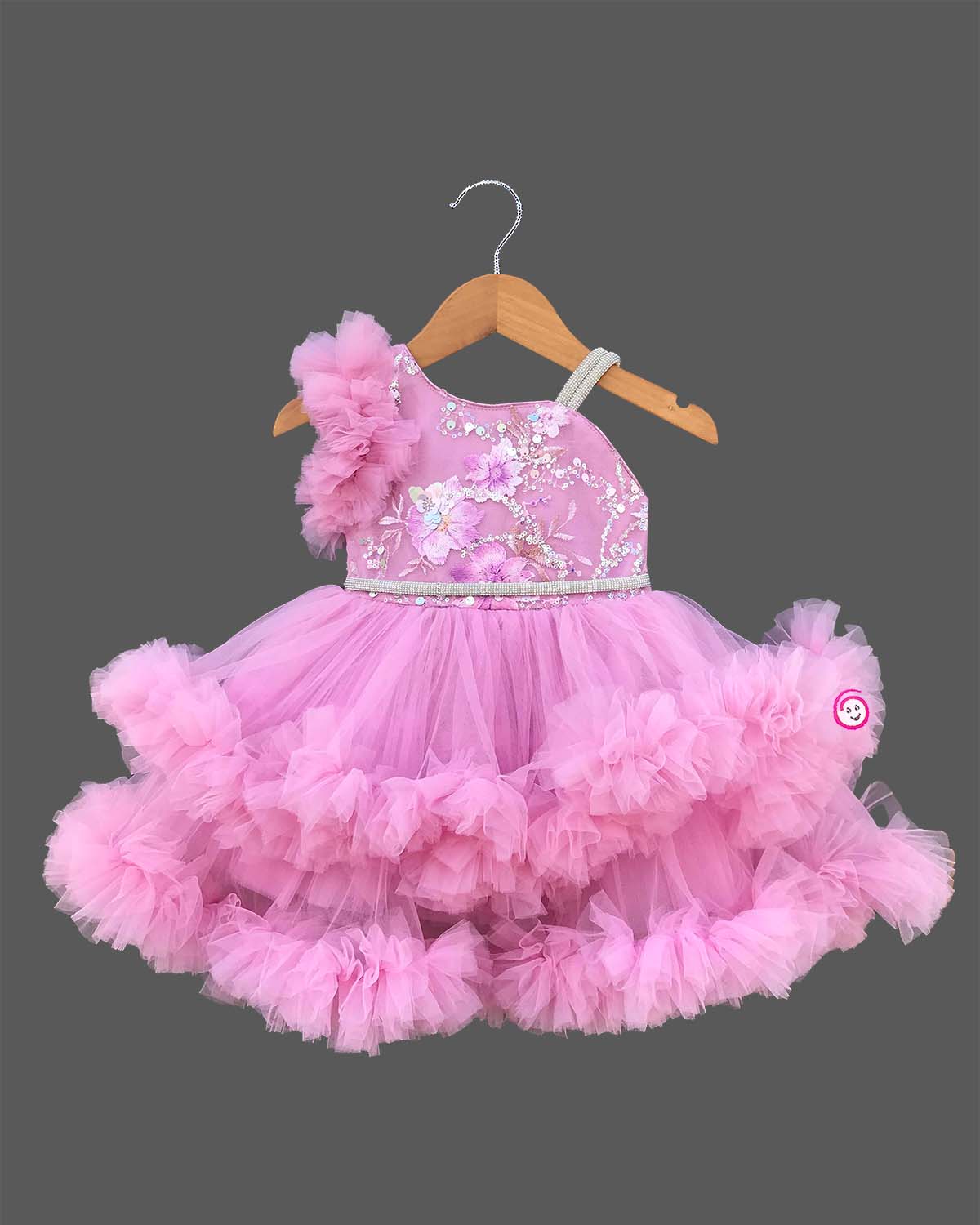 Baby girl designer high low tail frock with tiered net ruffles and sequin embroidery