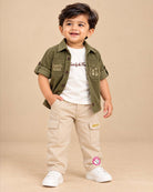 Kids cargo pants set featuring a button-down collar and utility pockets for everyday wear.