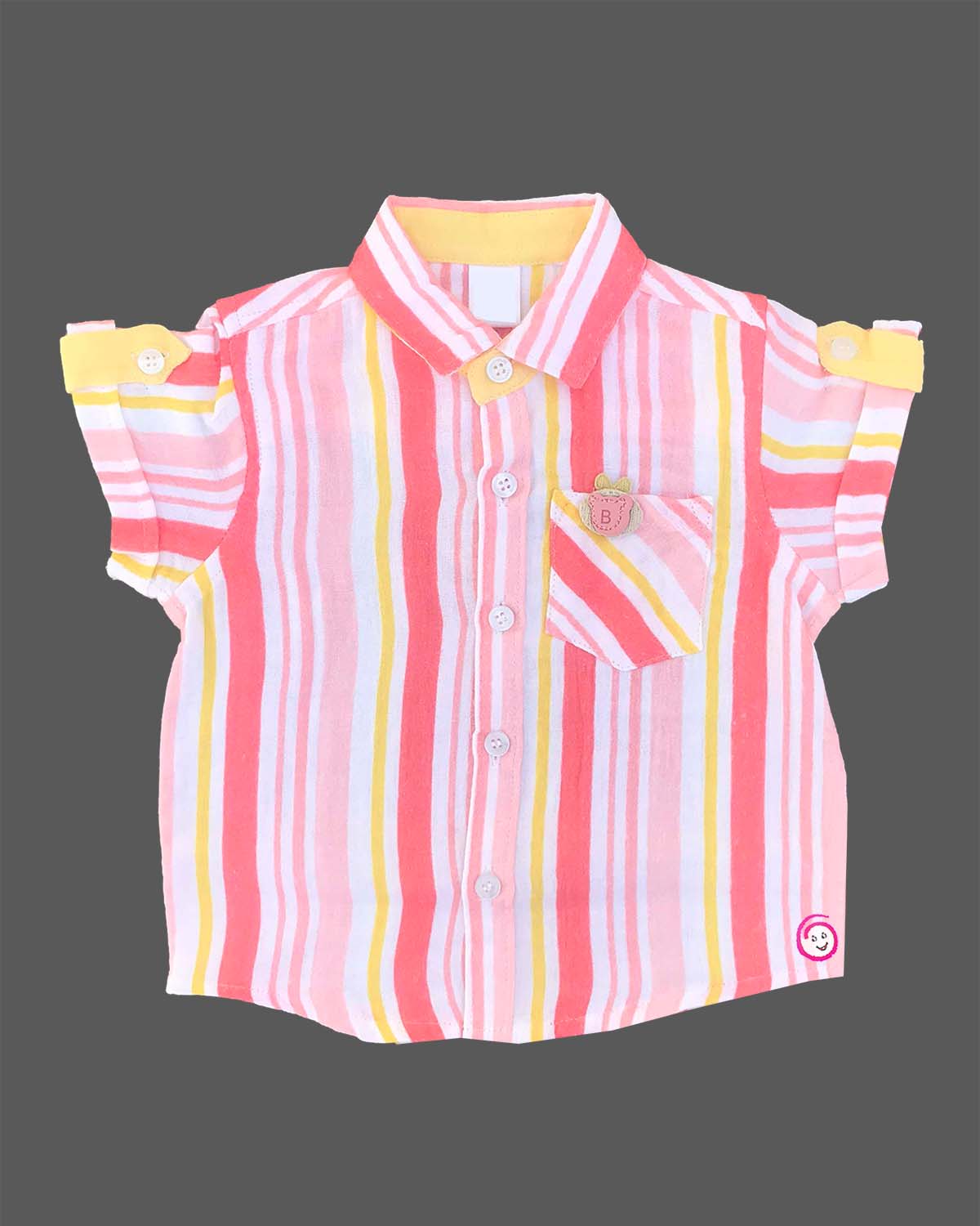 Boys 2-piece cotton casual set featuring a short-sleeve pink, yellow, and coral striped shirt and matching solid yellow elastic-waist shorts