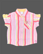 Boys 2-piece cotton casual set featuring a short-sleeve pink, yellow, and coral striped shirt and matching solid yellow elastic-waist shorts