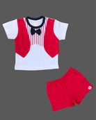 Toddler boys casual two-piece outfit featuring a short-sleeve top with a striped print and bow tie design, paired with matching elastic-waist shorts.