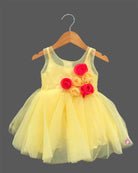 Sleeveless fairy-tale festive gown for toddlers with multi-colored rosette chest accents and a layered mesh flared skirt.