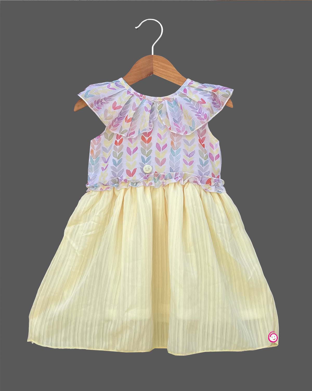 Girls leaf printed casual frock - Light Yellow