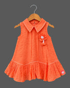 Baby girl pleated frock with collar and fabric flower applique for casual outing