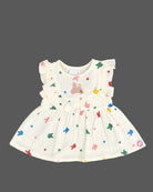 Infants frock with colorful printed motifs,  Frill Sleeve, and flared hem for girls