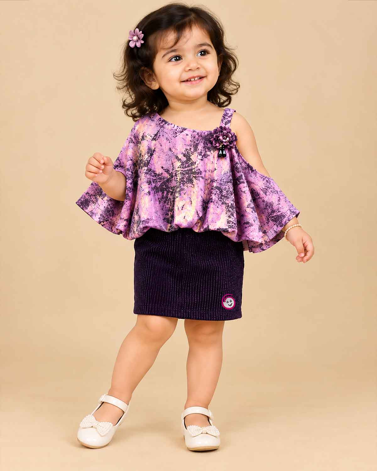 Toddler printed midi dress with cold shoulder overlay for birthday party and casual wear