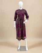 Maternity cotton printed feeding kurti with mandarin collar and waist tie belt for post-pregnancy nursing comfort.