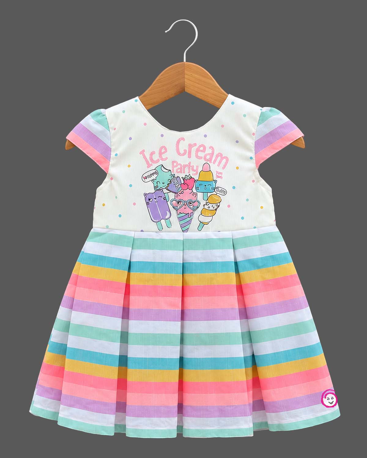 Toddler striped pleated frock featuring an ice cream graphic bodice and cap sleeves