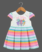 Toddler striped pleated frock featuring an ice cream graphic bodice and cap sleeves