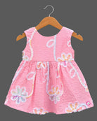 Baby girls sleeveless textured cotton frock with sequin floral embroidery and gathered waistline