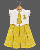 Toddler girl in mustard yellow cotton embroidered casual frock with off-white ruffled jacket