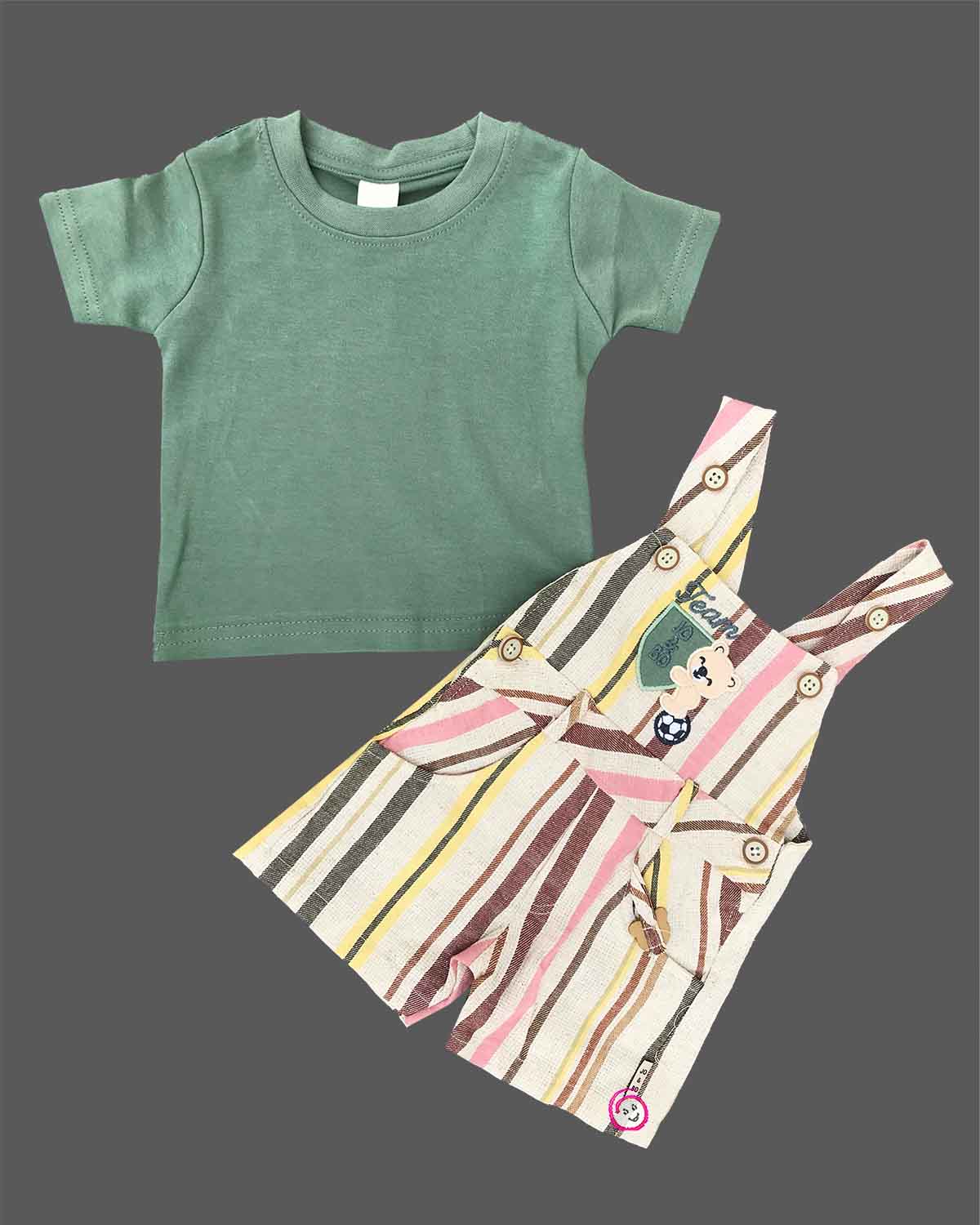 Trendy striped dungaree shorts and soft t-shirt set for active young boys casual wear