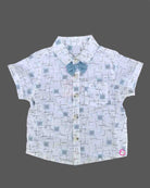 Stylish young boy's printed shirt with a blue bow tie and coordinating suspender shorts set.