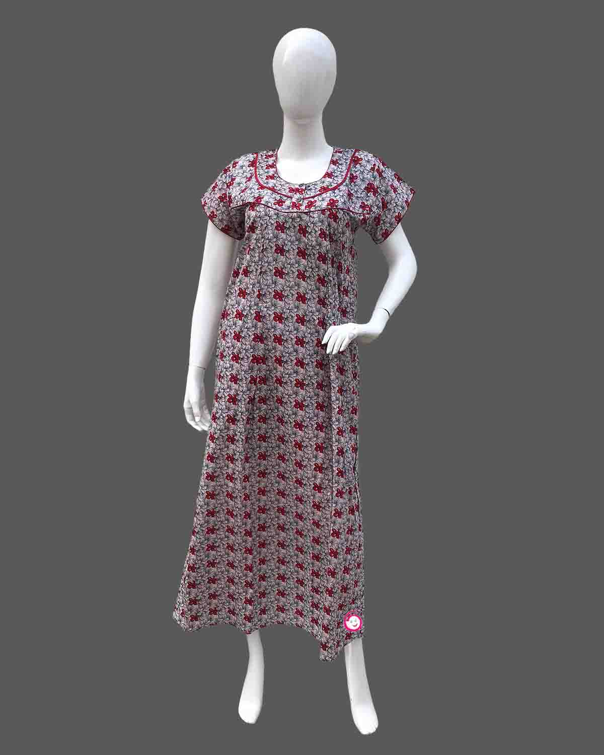Maternity overall floral printed half sleeve nighty with zip - Red