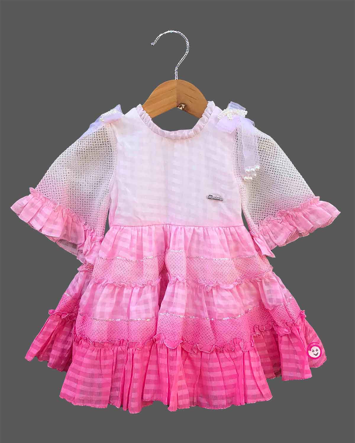 Little princess pink checkered western frock with lace ruffles and mesh sleeves