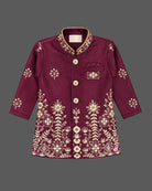 Maroon embroidered boy sherwani with gold pyjama for wedding and festive party