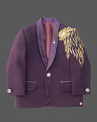 Boys wine designer tuxedo suit set featuring a shawl collar blazer with intricate gold shoulder embroidery, shirt, waistcoat, tie, and matching formal pant