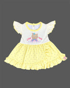 Yellow striped and polka dot infants frock with frill sleeve and kitty applique
