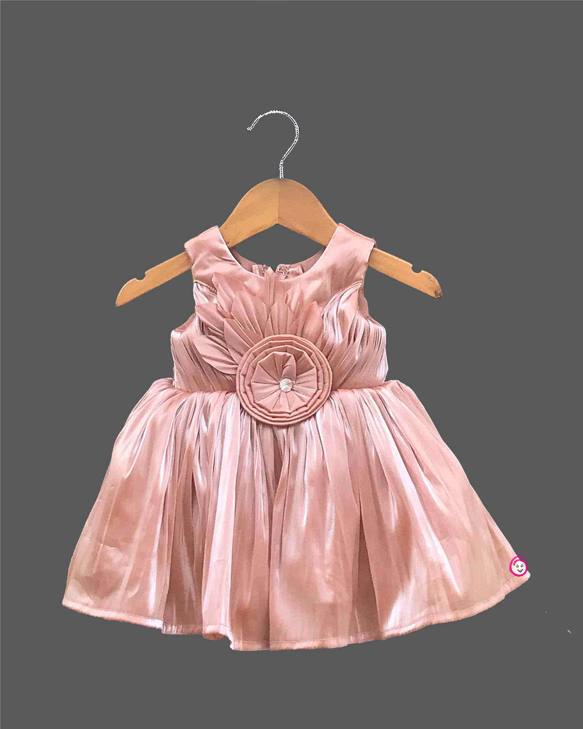 Toddler satin party frock with floral rosette applique for festive celebrations and family gatherings