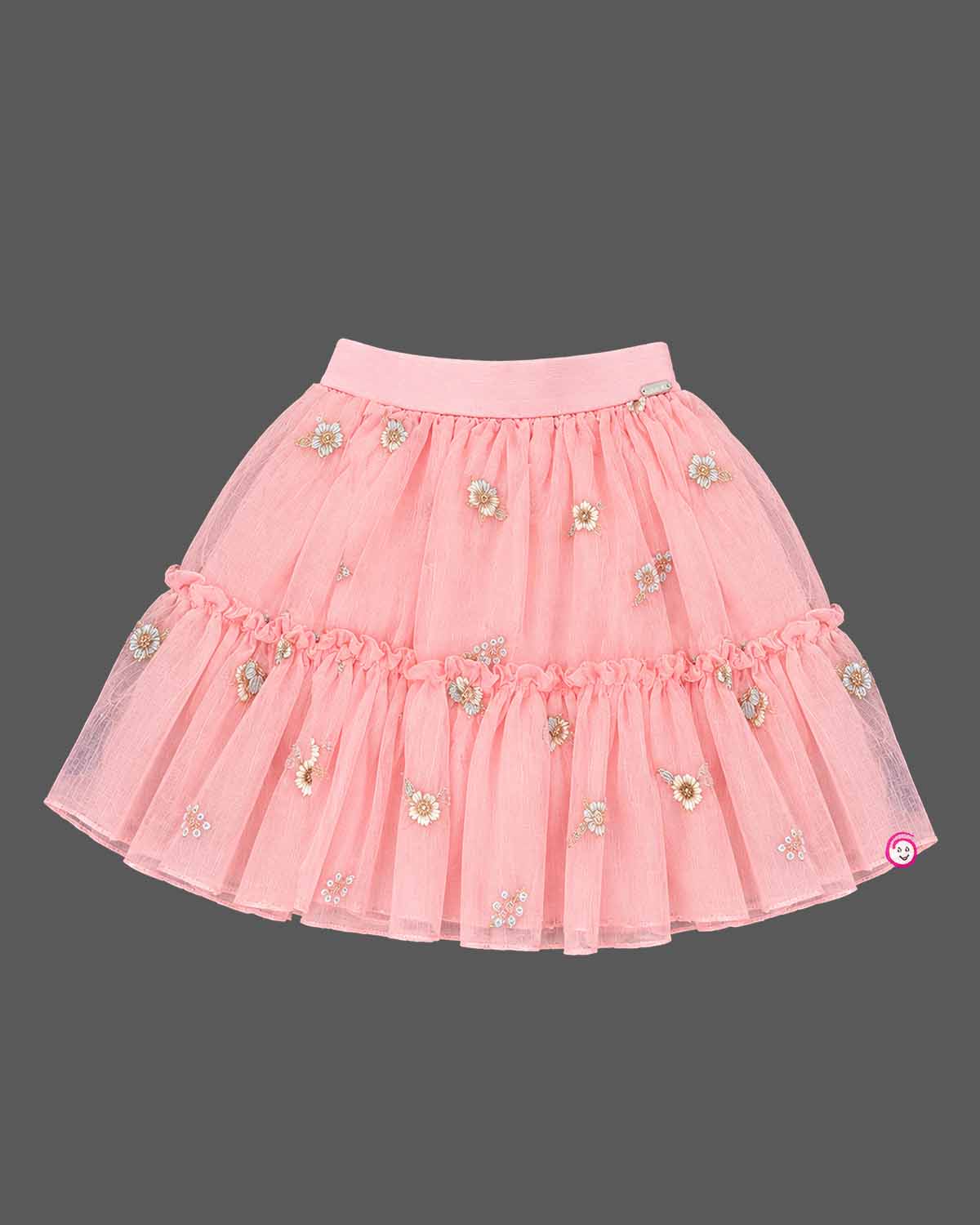 Detailed baby party wear dress featuring strappy denim top with rosette motif and embroidered mesh skirt.